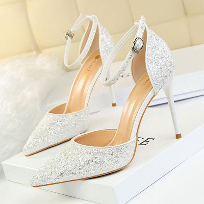 IELGY Stiletto heels shallow mouth pointed toe hollow sequins sexy nightclub was thin lady sandals
