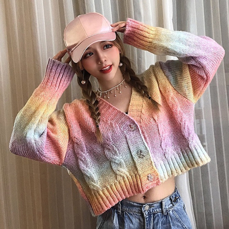 IELGY Fashion V-neck sweater women's personality tie-dye loose and versatile