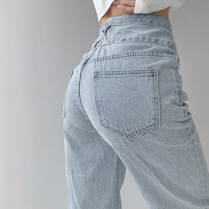 IELGY retro high-waist three-breasted straight jeans loose drape is thin and versatile