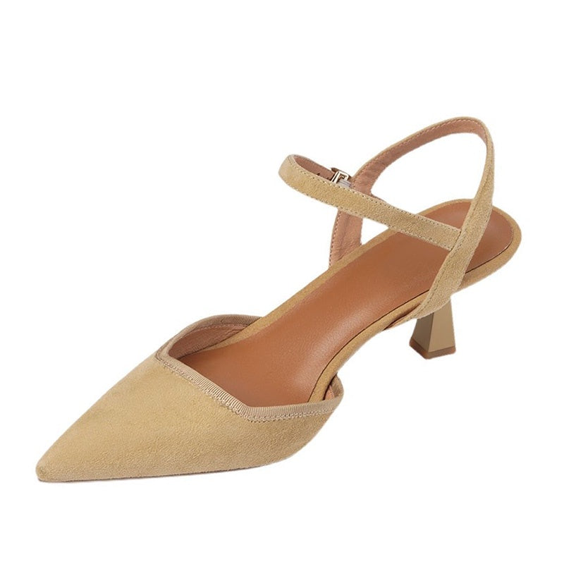 IELGY French mid-high heel toe cap sandals female buckle strap temperament stiletto pointed toe