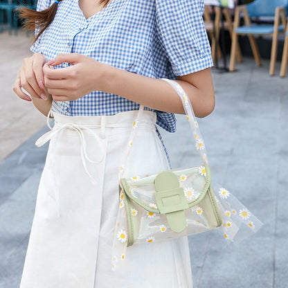 IELGY Transparent White All-match Color matching Printed Casual Women's bag Daisy One shoulder Diagonal