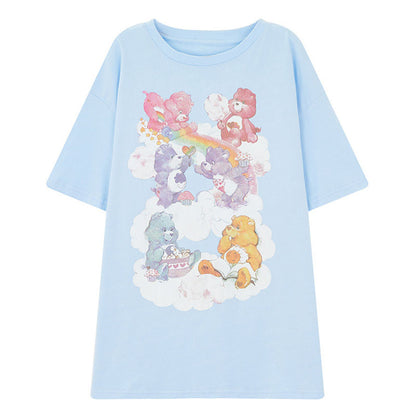 IELGY Women's clothes Blue Top Print Loose Short sleeve Bear T-shirt Casual Medium length