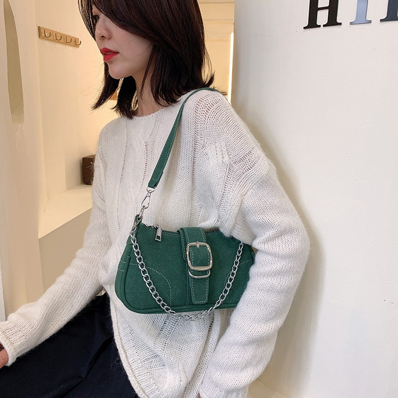 IELGY fashion solid color chain shoulder bag with belt buckle decoration