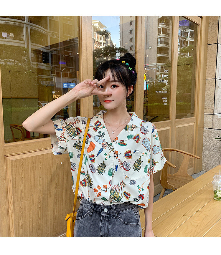IELGY summer retro picnic print shirt blouse design loose temperament short-sleeved shirt