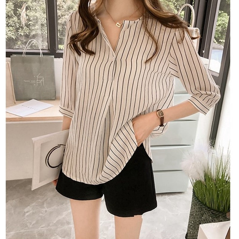 IELGY Leaked clavicle striped cropped sleeve top Han Fan student ins super fire shirt autumn
