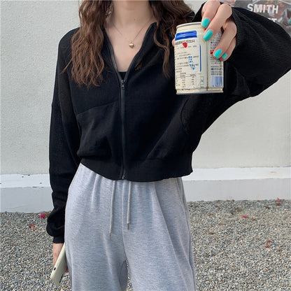IELGY Fashion Hooded Sunscreen Zipper Breathable Thin Top Women Knitted Cardigan Long Sleeve