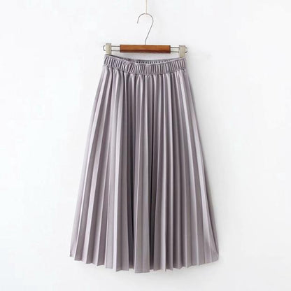 IELGY Temperament pleated skirt mid-length skirt elastic waist solid color wild skirt