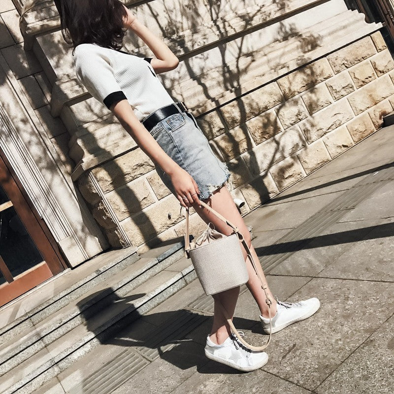 IELGY canvas  stitching bucket bag with handbag Fashion