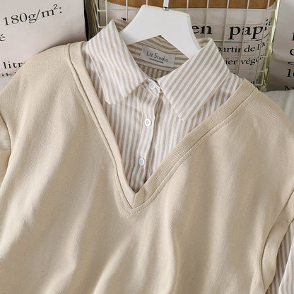 IELGY Women's clothes cream versatile fake two stitching long sleeves loose stripes sweater fashionable