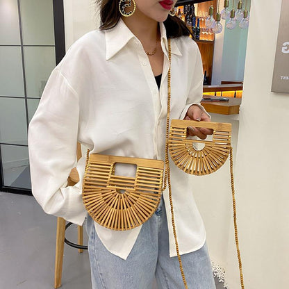 IELGY Hollow Fashion Messenger Bag Women's Bamboo Half Round Beach