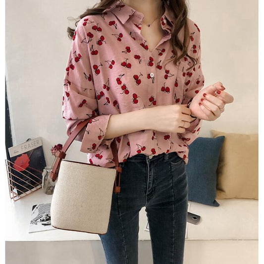 IELGY Long-sleeved shirt women's loose Korean sweet cherry print shirt bottoming shirt