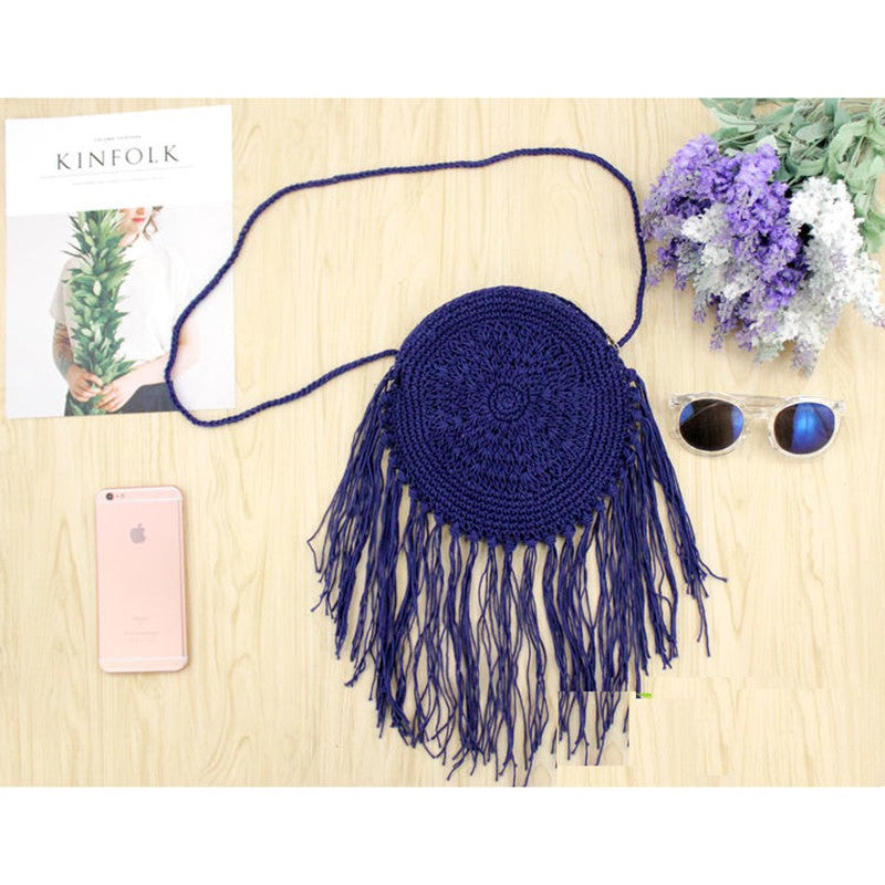IELGY Handmade round tassel woven bag beach handbags