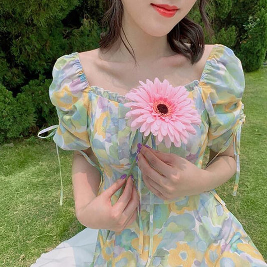 IELGY summer new style short-sleeved high-waisted a-line French square neck floral dress for women