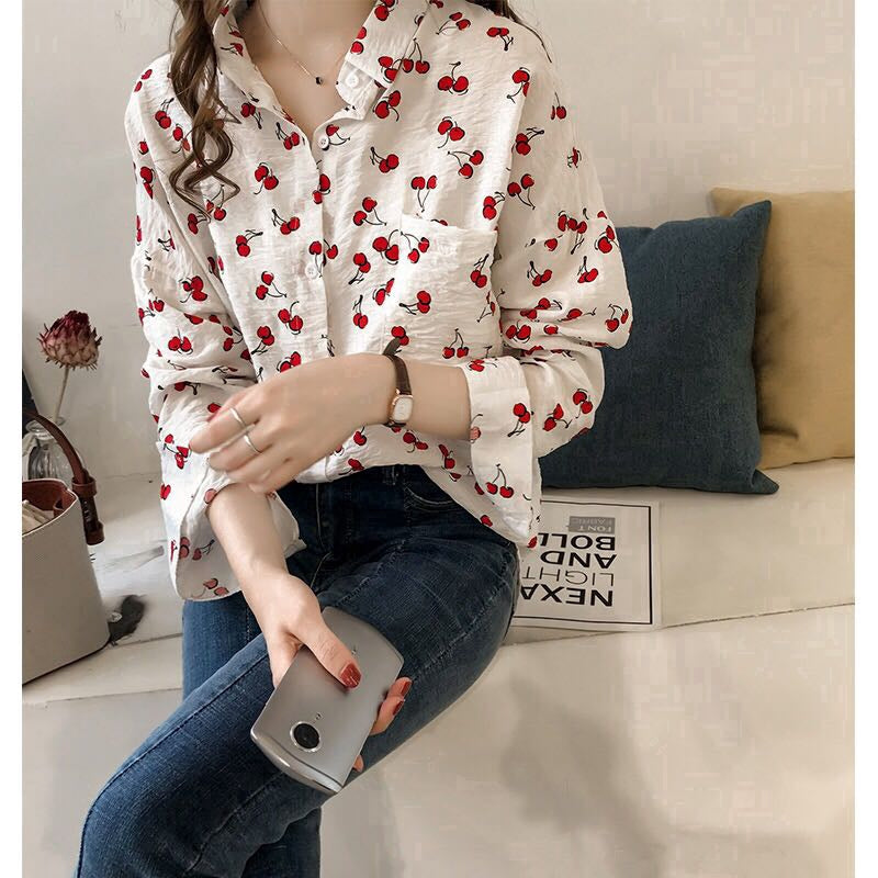 IELGY Long-sleeved shirt women's loose Korean sweet cherry print shirt bottoming shirt
