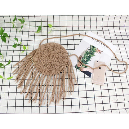 IELGY Handmade round tassel woven bag beach handbags