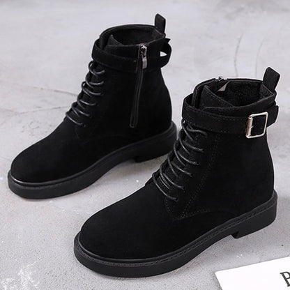 IELGY Fashion Belt Buckle Women's Boots Lace-up Flat Women Suede Korean Style