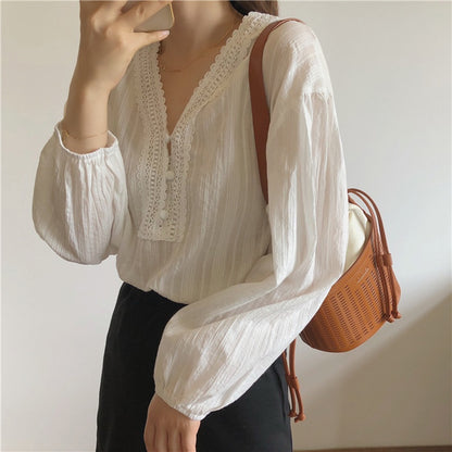 IELGY Ladies Long Sleeve V-neck Stitching Chiffon White Shirt Loose and Thin