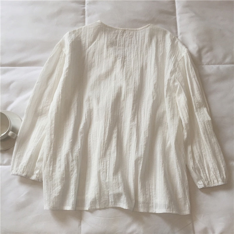 IELGY Ladies Long Sleeve V-neck Stitching Chiffon White Shirt Loose and Thin