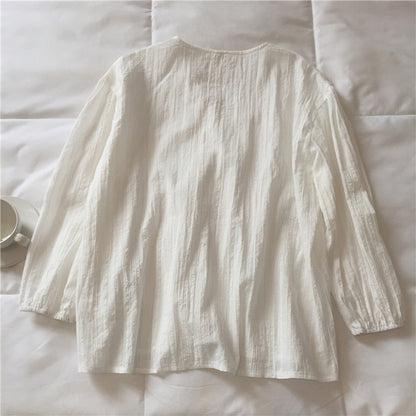 IELGY Ladies Long Sleeve V-neck Stitching Chiffon White Shirt Loose and Thin