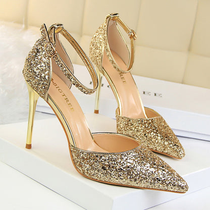 IELGY Stiletto heels shallow mouth pointed toe hollow sequins sexy nightclub was thin lady sandals