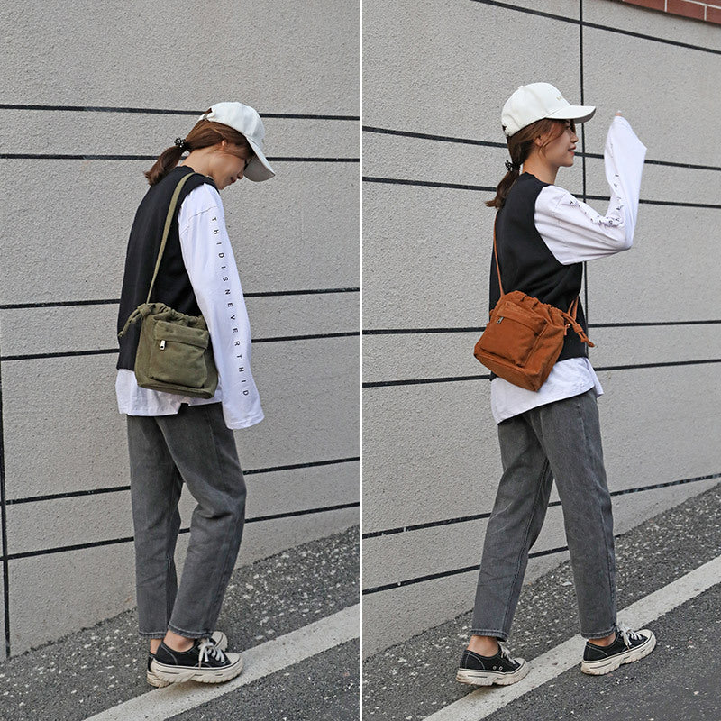 IELGY Korean version Women's bag multi-color optional large capacity canvas drawstring zipper crossbody bucket bag shoulder bag small cloth bag