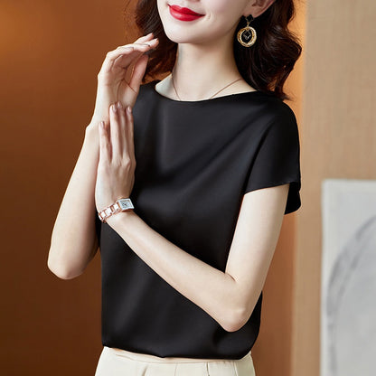 IELGY round neck short-sleeved t-shirt solid color mulberry silk top bottoming shirt