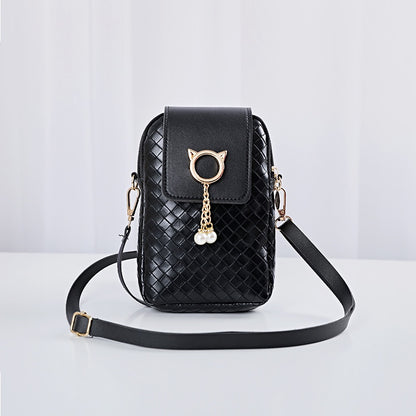 IELGY Cover type Tassel Mobile phone Woven Pearl Korean version Woman's bag Black One shoulder Diagonal