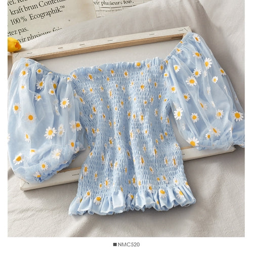 IELGY Little said chrysanthemum short sleeve women's puff sleeve shirt