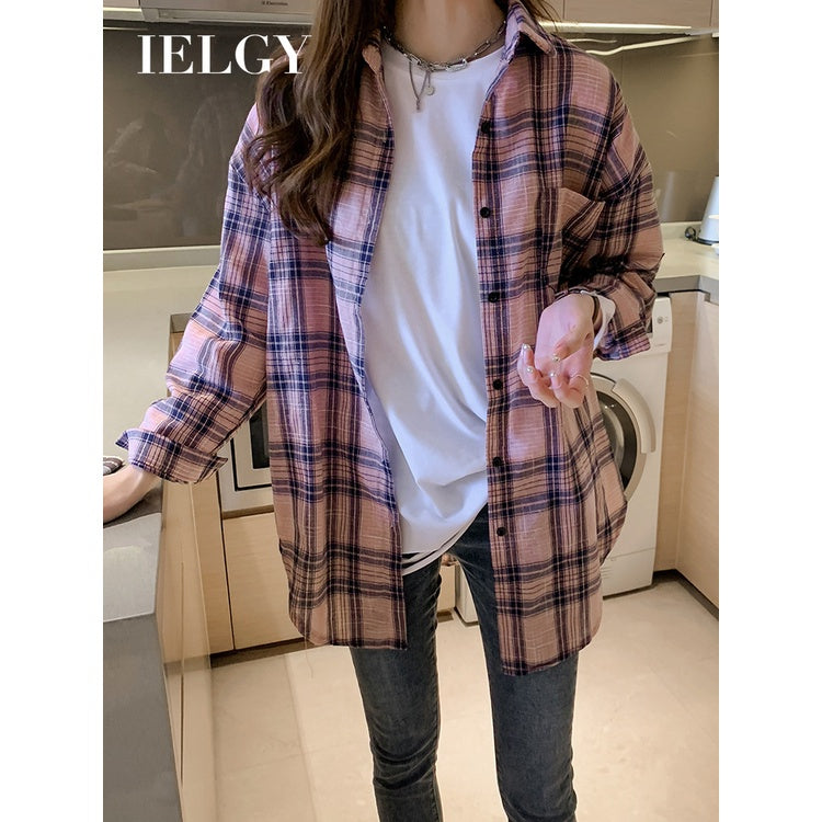 IELGY spring Korean style temperament long-sleeved plaid shirt women loose design blouse casual shirt