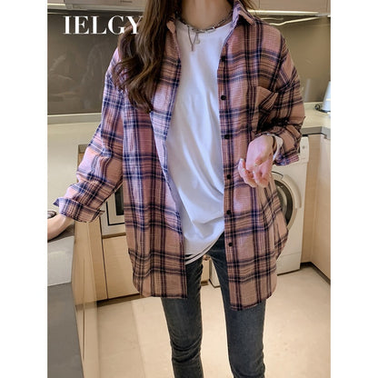 IELGY spring Korean style temperament long-sleeved plaid shirt women loose design blouse casual shirt
