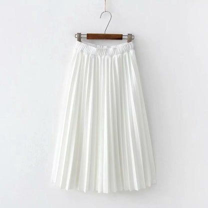 IELGY Temperament pleated skirt mid-length skirt elastic waist solid color wild skirt