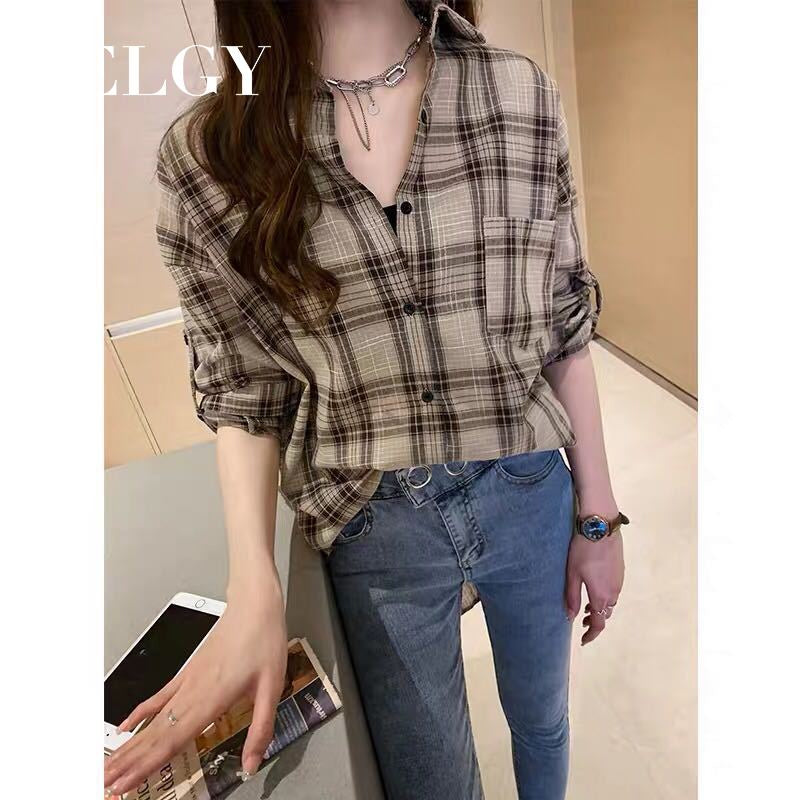 IELGY spring Korean style temperament long-sleeved plaid shirt women loose design blouse casual shirt