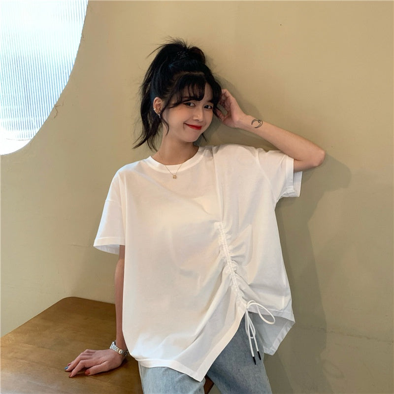 IELGY plus size women's summer drawstring irregular design sense loose short-sleeved t-shirt