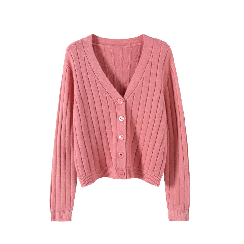 IELGY fashion solid color button outer loose long-sleeved v-neck knitted cardigan women