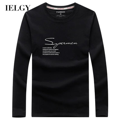 IELGY Men's clothes large size fashion casual Korean version t-shirt black long sleeve all-match round neck