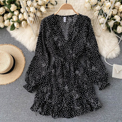 IELGY Irregular Vacation Slim Short Woman's dress Ruffle Casual Fashion Sweet Polka dot