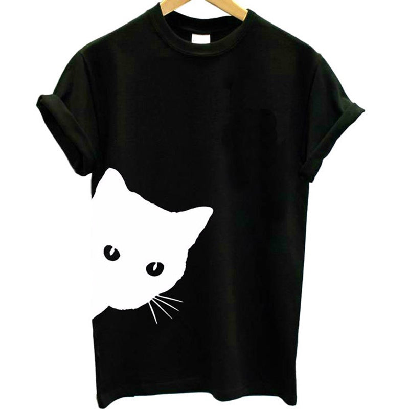 IELGY hot cat pattern printed round neck slim short-sleeved loose casual T-shirt top