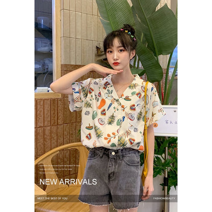 IELGY summer retro picnic print shirt blouse design loose temperament short-sleeved shirt