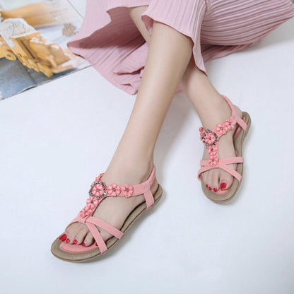 IELGY [Size35-42] Plus size beach shoes sweet bohemian flowers rhinestone casual flat sandals women