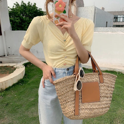 IELGY Retro V-neck knitted waist puff sleeve short top
