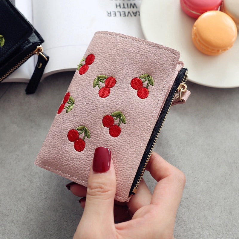 IELGY vertical cherry embroidery short ladies small wallet