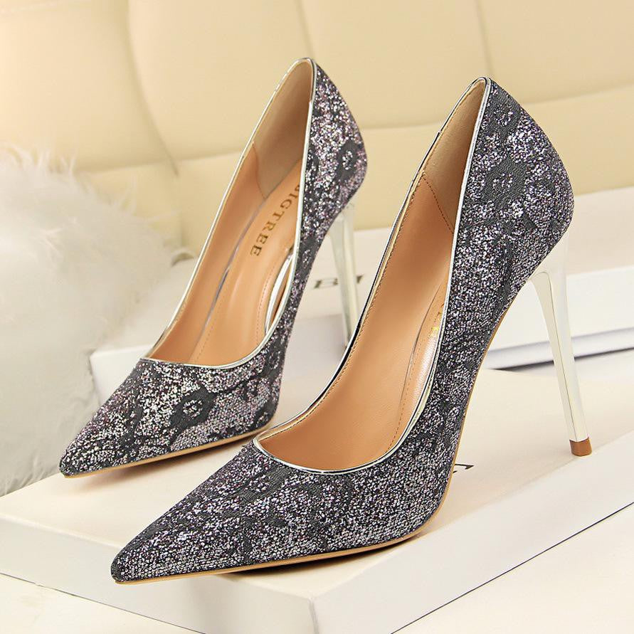 IELGY Party high heel women's shoes sexy 10cm stiletto shallow lace pointed wedding shoes