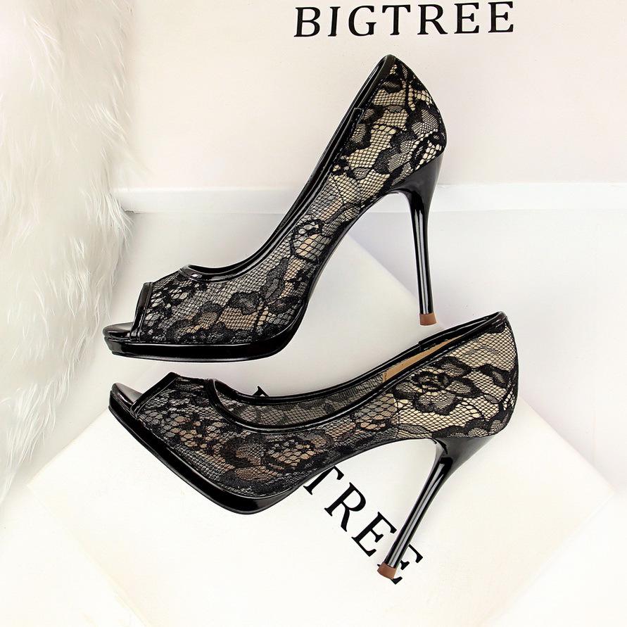 IELGY Fishbill High Heels Women's Shoes Sexy 9.5cm Stiletto Platform Mesh Hollow Lace