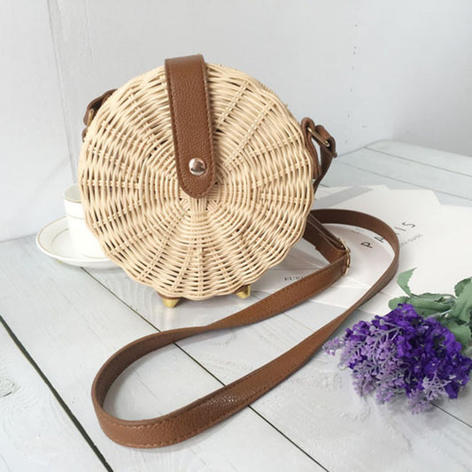 IELGY Handmade round shoulder bag Rattan beach crossbody bag
