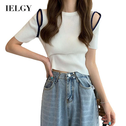 IELGY blue off-shoulder short-sleeved Korean style knitted bottoming fashion blouse women