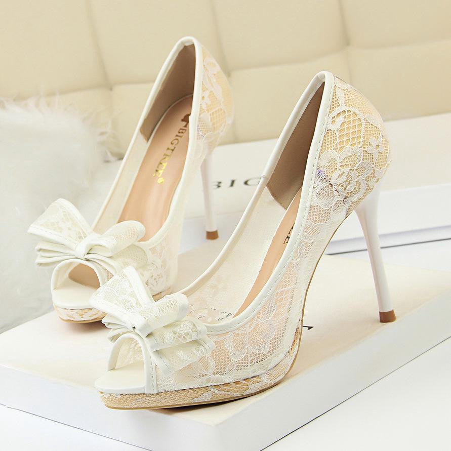 IELGY Fishtail High Heels Sexy Lace 9.5cm Stiletto Shallow Hollow Hollow Mesh Bow Women's Shoes