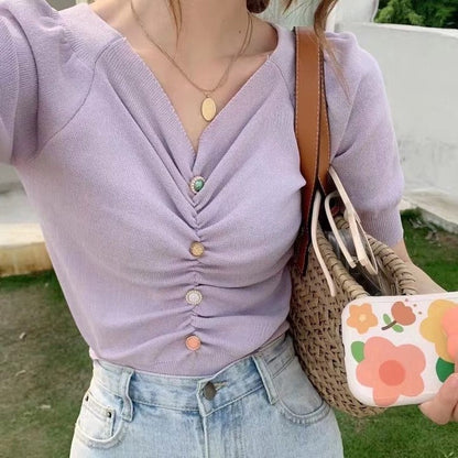 IELGY Retro V-neck knitted waist puff sleeve short top