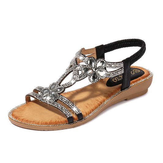 IELGY [Size36-42] flat sandals rhinestone flowers  wedge large size women's shoes