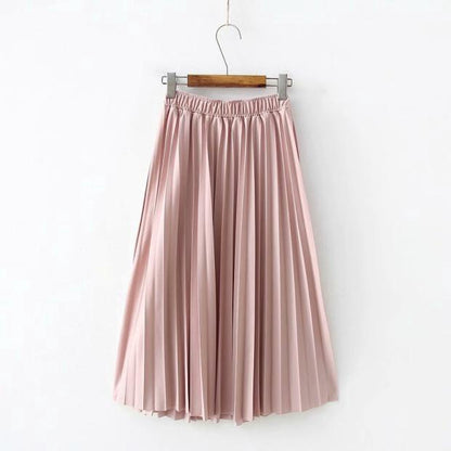 IELGY Temperament pleated skirt mid-length skirt elastic waist solid color wild skirt