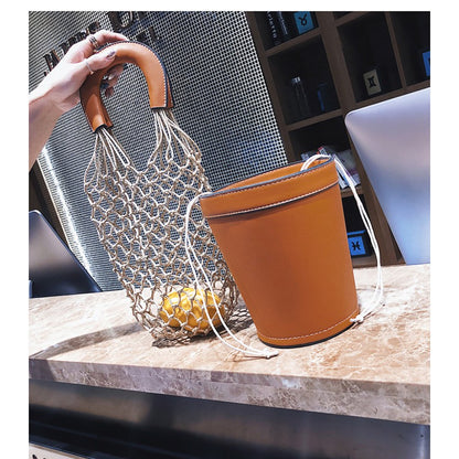 IELGY Fishing net bucket bag hand-woven rope grid hand bag